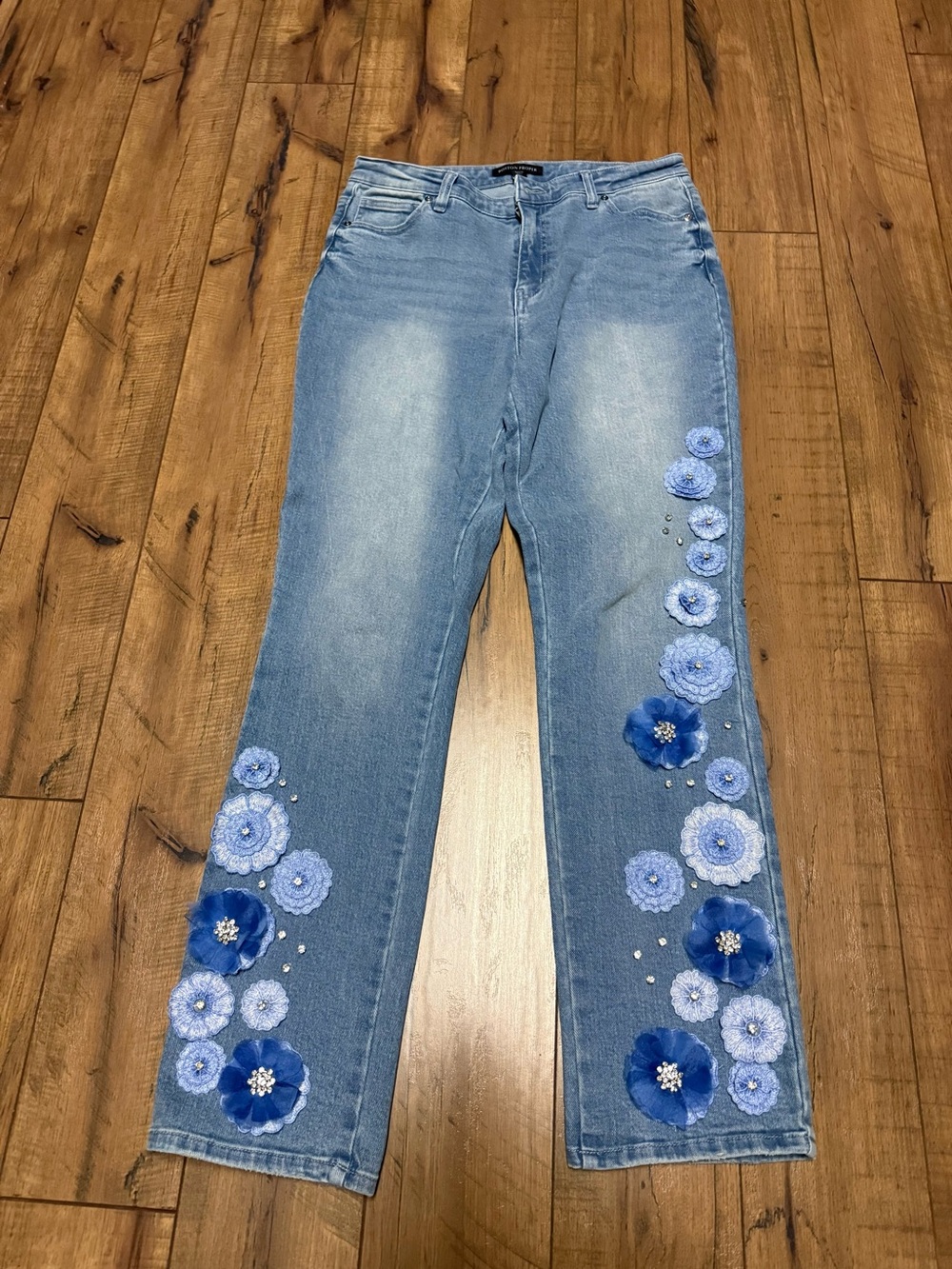Boston Proper Light Blue Straight Leg Jeans with Blue Floral Appliqué